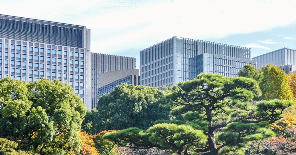 downtown office buildings with green foliage and trees