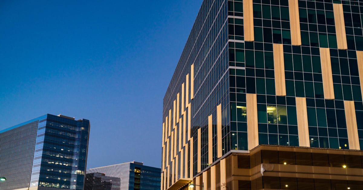 Big Tech Office Buildings downtown in the evening