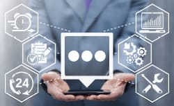 man holding phone with app that assists with timing, lists, help tools, charts.