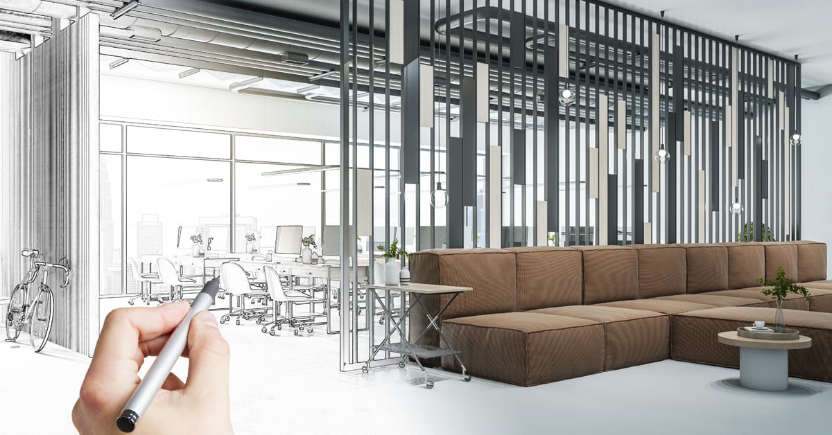 Tenant Improvement sketch of workspace and lobby transitioning to completion.