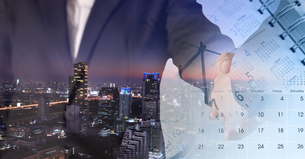 Slow transaction timeline. Businessman, monthly and daily calendar, and watch overlayed on city skyline