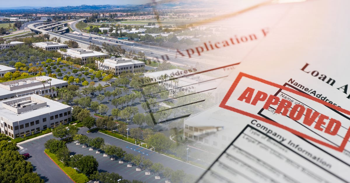 Aerial of a business park with an approved SBA loan application overlay