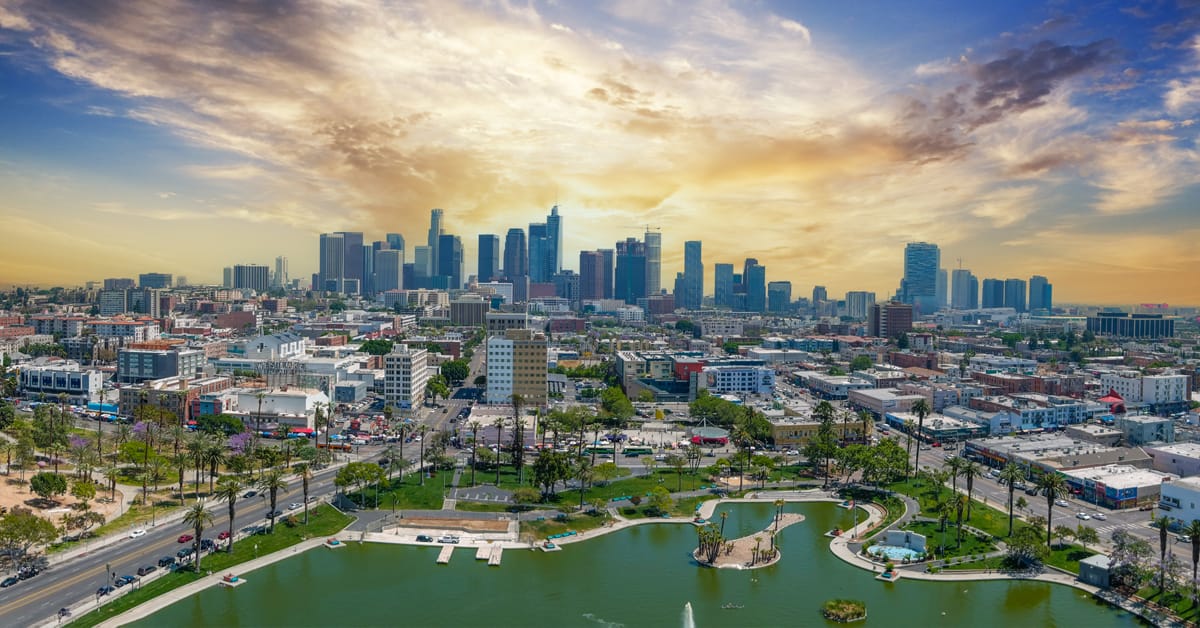 Wide angle aerial view of Los Angeles real estate