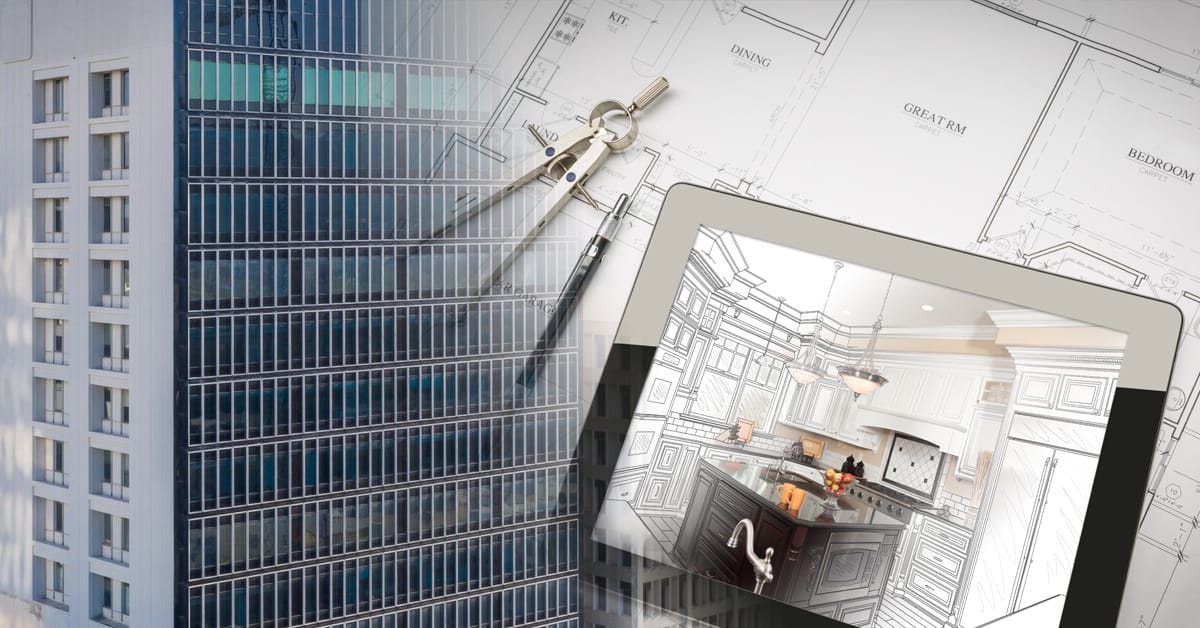 Office building with apartment blueprint and sketch overlay