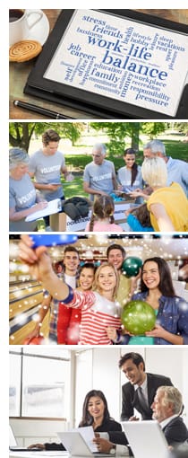 an image strip of reasons to return to work - work-life balance, volunteer events, office socials, mentoring