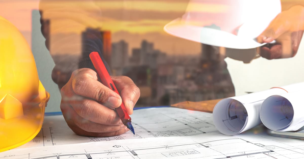 Aerial of city office buildings with overlay of architectural drawings for renovations