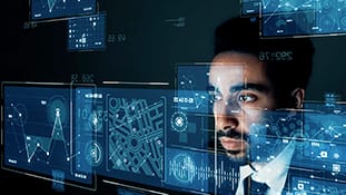 Businessman analyzing data of site selection in an ai environment.