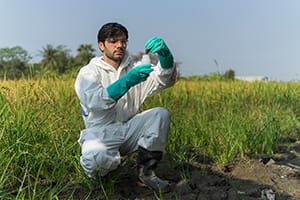 A man in full body protective suit collecting samples of soil