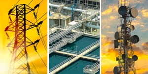 city infrastructure concept with three panels of power, water, and communications tower