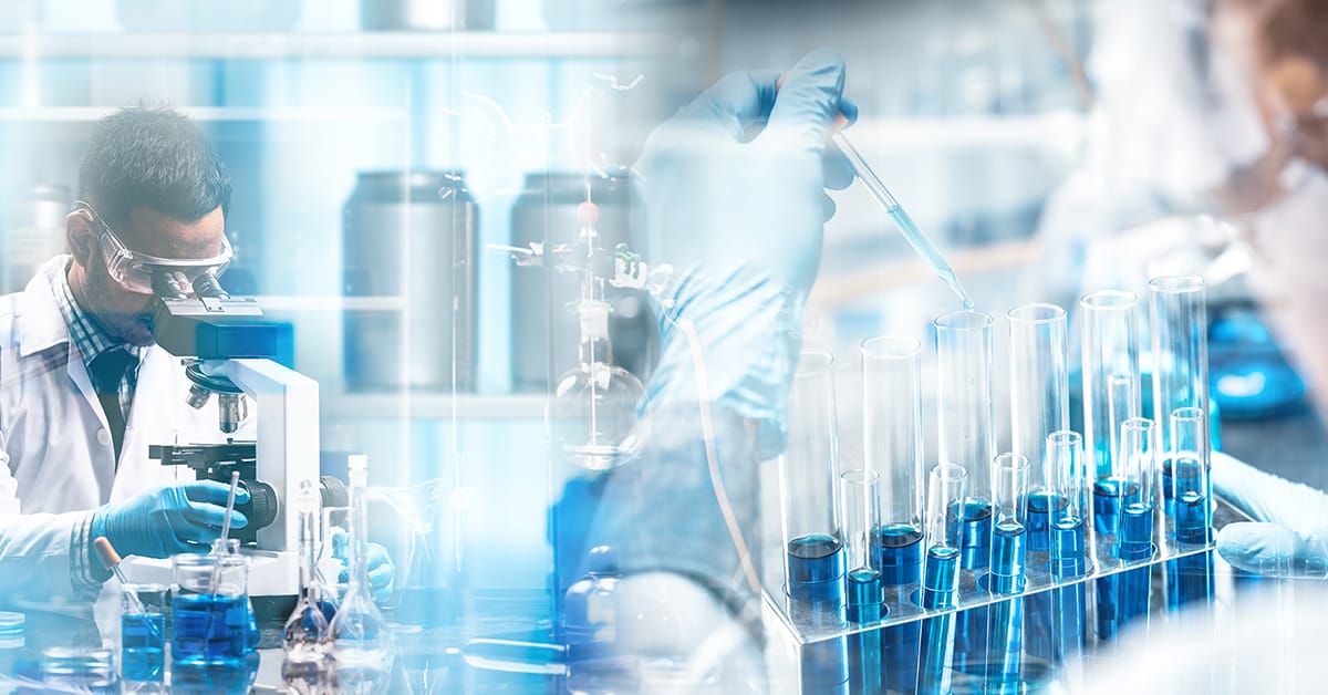 life science collage: scientist research in medical science laboratory, medicine technology with biology or chemistry and pharmaceutical clinic