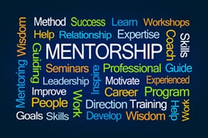Mentorship Word Cloud on Blue Background - motivate goals wisdom skills train guide improve