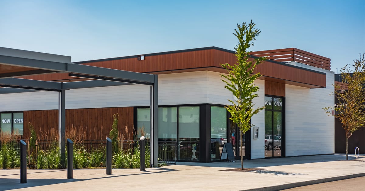 Photo of the exterior of a small retail building in North America.