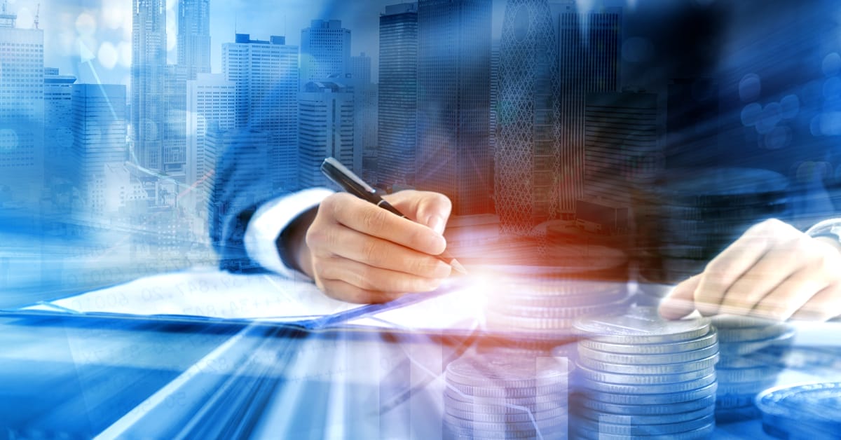 Double exposure of business person signing contract document or concluding agreement with coins money and immovable property - financial and investment concept