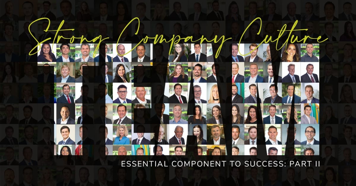Team overlay on Voit headshot collage with text Strong Company Culture Essential Component to Success