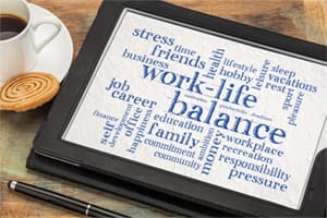 work life balance word cloud - word abstract on a digital tablet with a cup of coffee