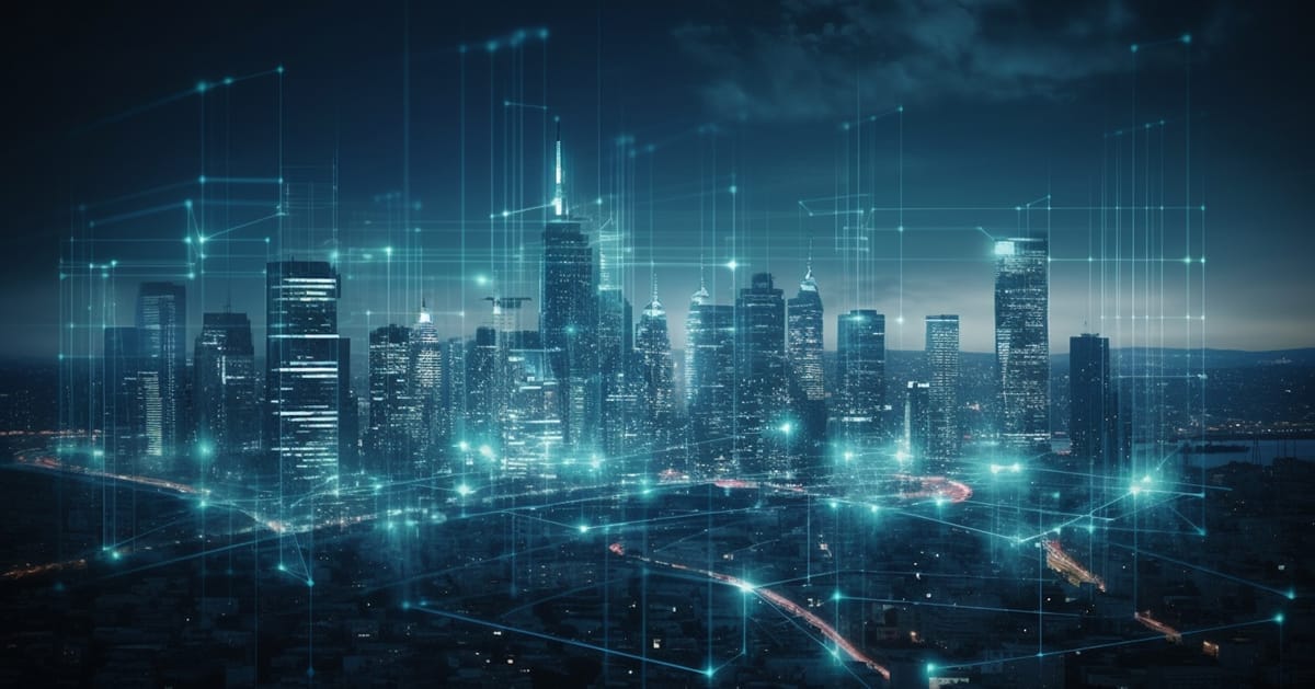 Glowing skyscrapers illuminate the futuristic cityscape at night generated by artificial intelligence