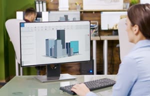 Female architect making 3d building models on computer.