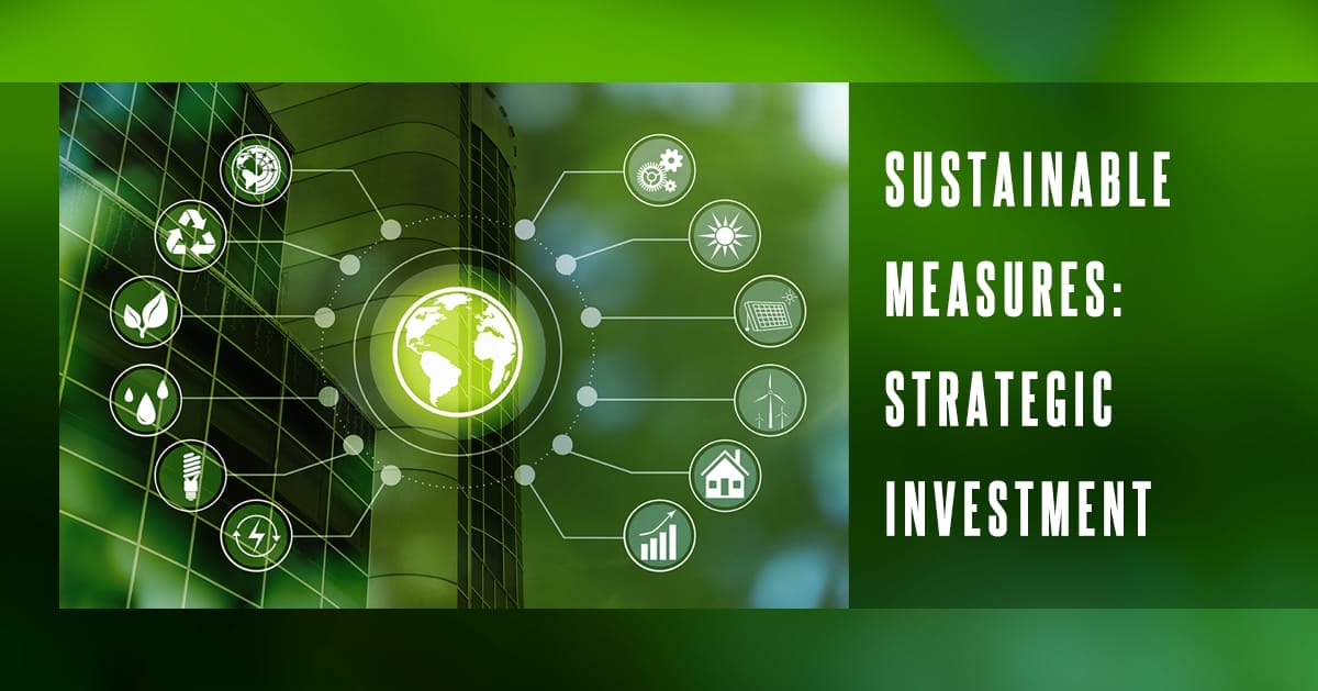 Sustainable measures - strategic investment overlayed globe with eco-friendly icons