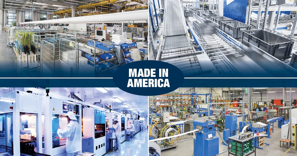 Made in America overlayed on 4 US manufacturing plant photos