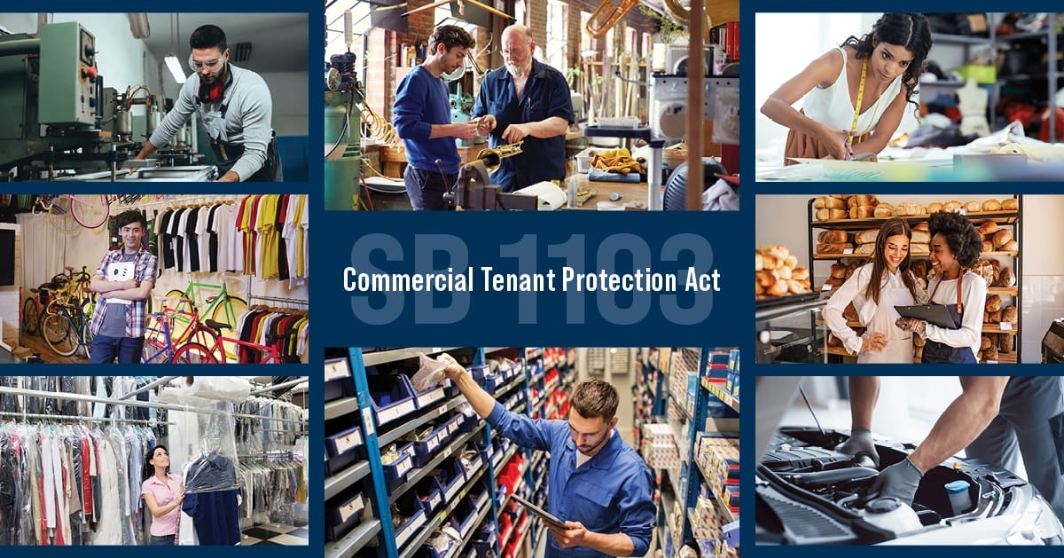 collage of small businesses with SB 1103 Commercial Tenant Protection Act in the center