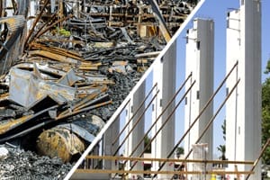 image of completely destroyed building transition to a building being rebuilt