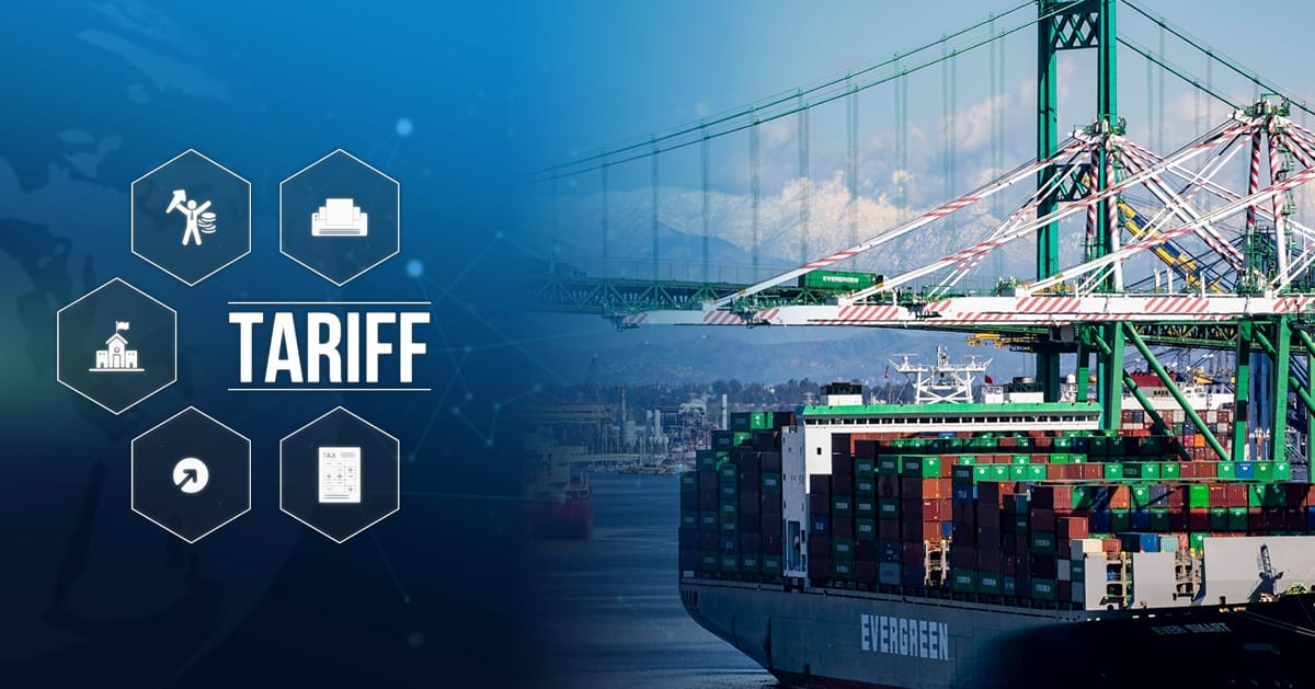 Tarriff infographic overlay on a loaded Evergreen ship entering the Los Angeles port