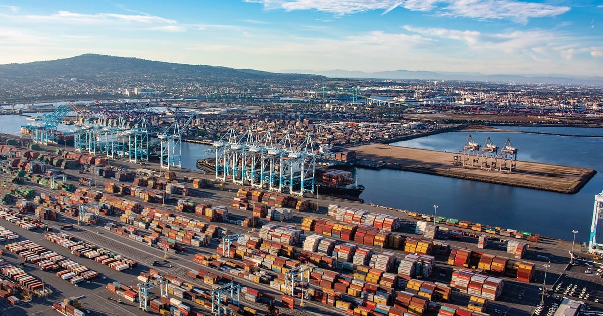 Aerial of logistics operations at the Port of Los Angeles