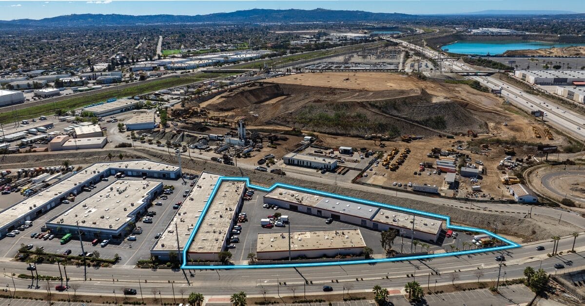 aerial of 1400-1430 Arrow Highway in Irwindale with the property outlined